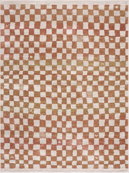 Benjy irregular Checkboard rug cream & salmon with soft plush pile by Boutique Rugs on Tampa Home & Garden Store