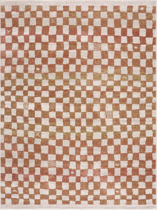 Benjy irregular Checkboard rug cream & salmon with soft plush pile by Boutique Rugs on Tampa Home & Garden Store