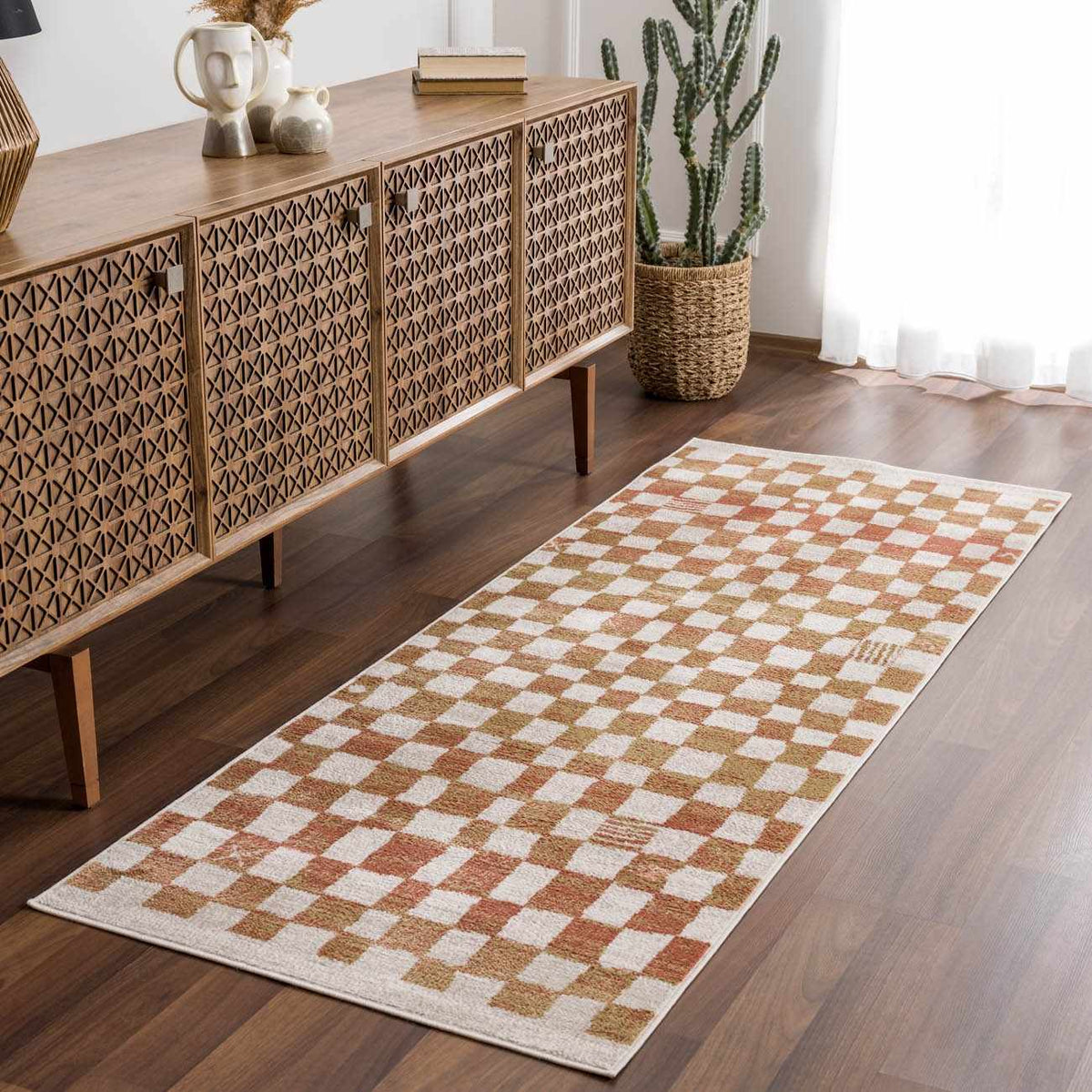 Rug Benjy Irregular Checkboard Rug Cream&Salmon by Boutique Rugs, long checkerboard runner on Tampa Home & Garden Store