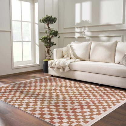 Benjy Irregular Checkboard Rug Cream & Salmon in a bright living room with a beige sofa on Tampa Home & Garden Store