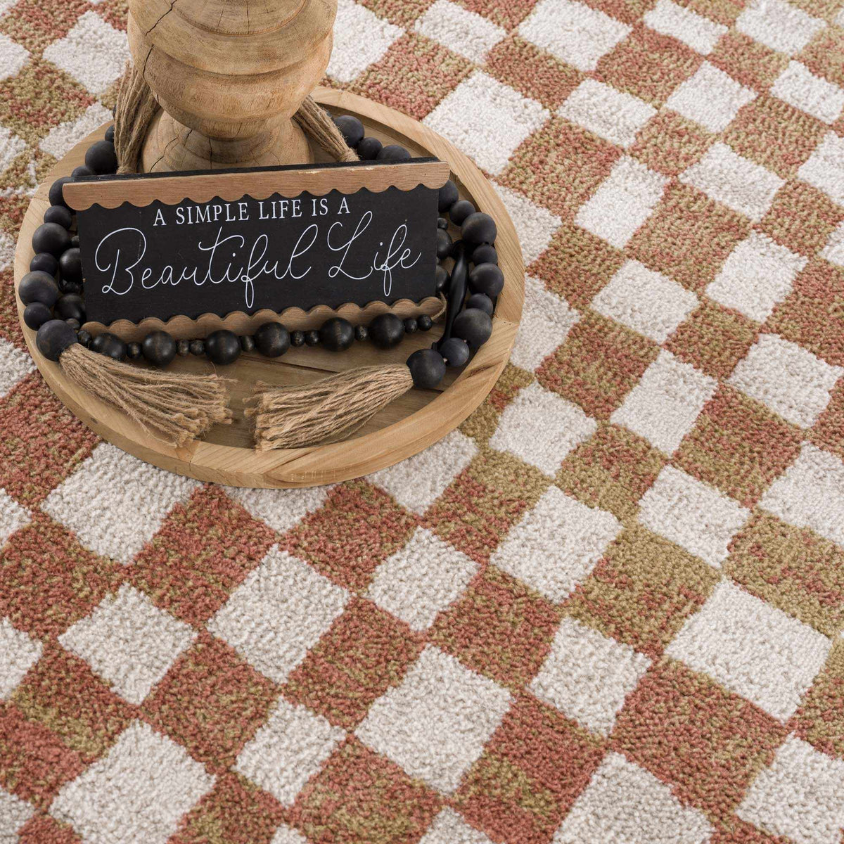 Benjy Irregular Checkboard Rug Cream & Salmon colors, plush textured pile on Tampa Home & Garden Store