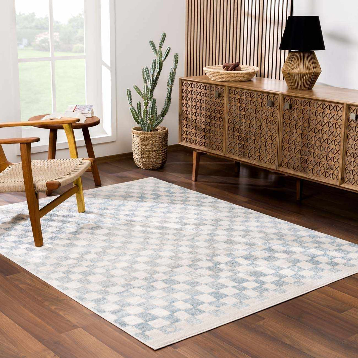 Benjy Cream & Light Blue Checkered Area Rug by Boutique Rugs with cream blue checks on Tampa Home & Garden Store