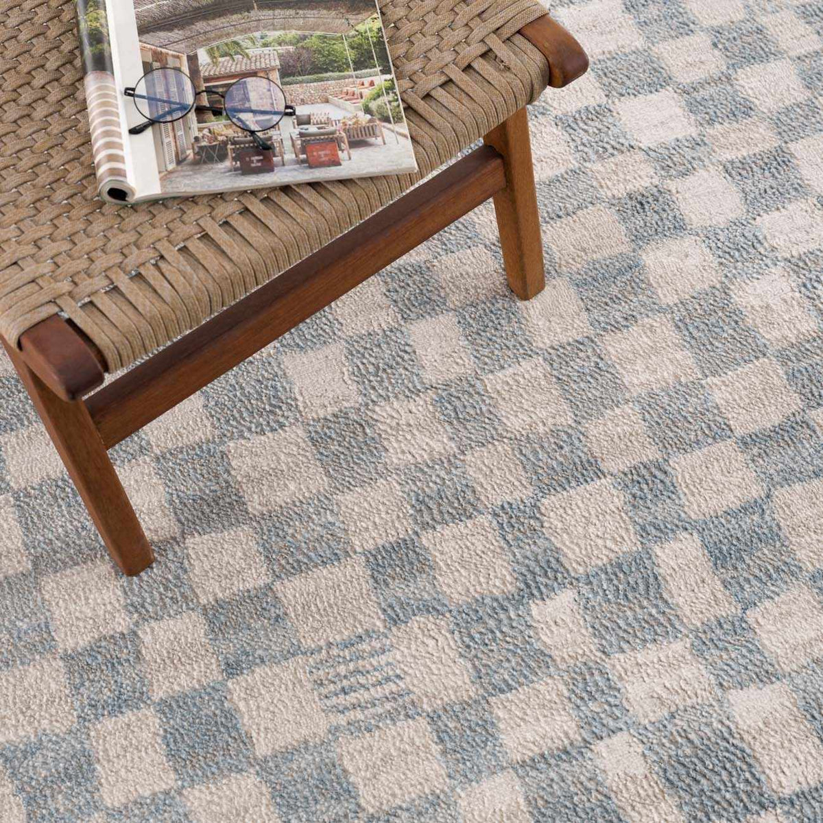 Benjy Cream & Light Blue Checkered Area Rug plush pile on Tampa Home & Garden Store