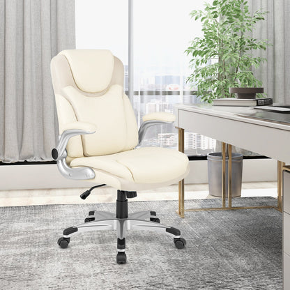 Silla ejecutiva de oficina ergonómica de cuero PU con reposabrazos plegables y función de balanceo - Blanca