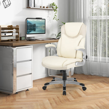 Silla ejecutiva de oficina ergonómica de cuero PU con reposabrazos plegables y función de balanceo - Blanca