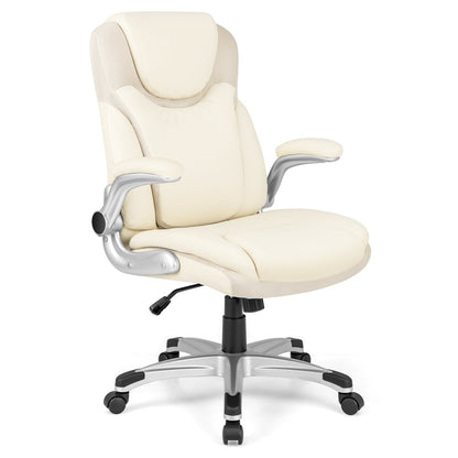 Silla ejecutiva de oficina ergonómica de cuero PU con reposabrazos plegables y función de balanceo - Blanca
