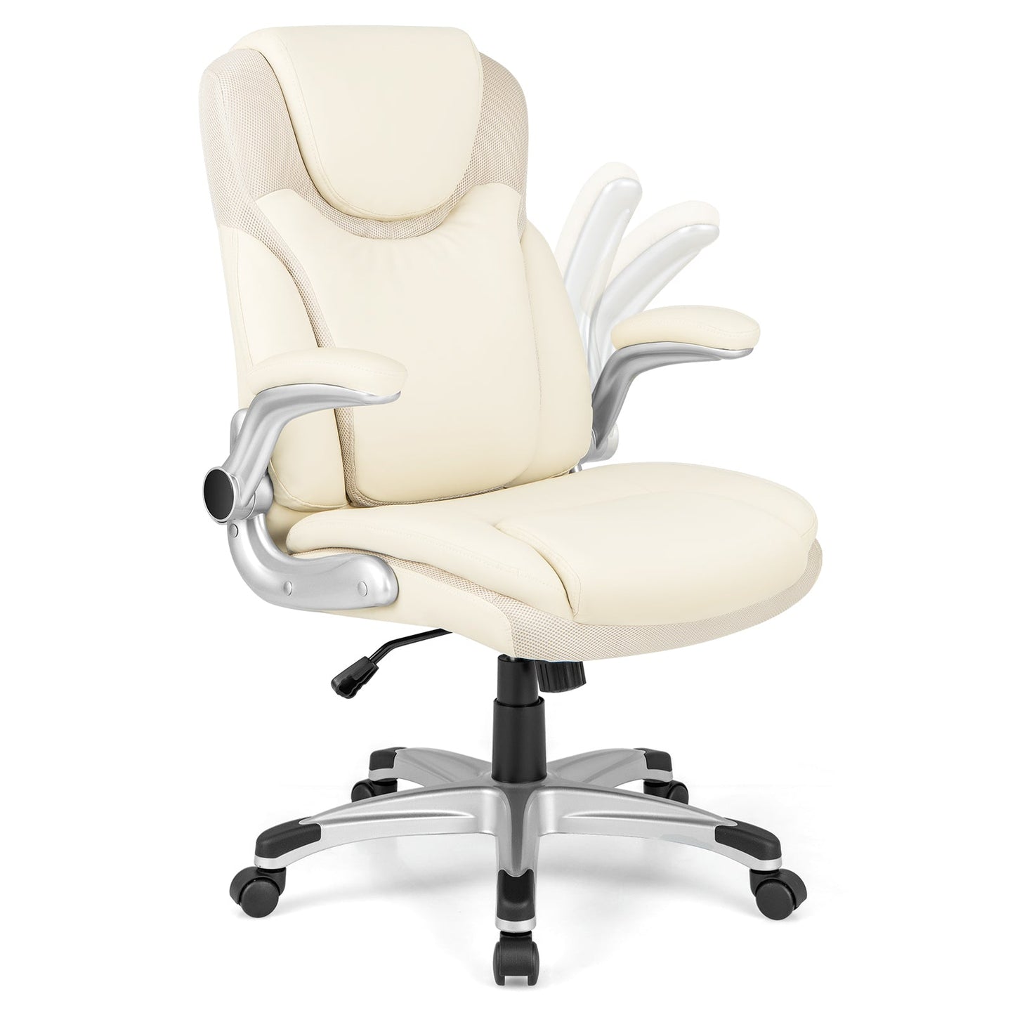 Silla ejecutiva de oficina ergonómica de cuero PU con reposabrazos plegables y función de balanceo - Blanca