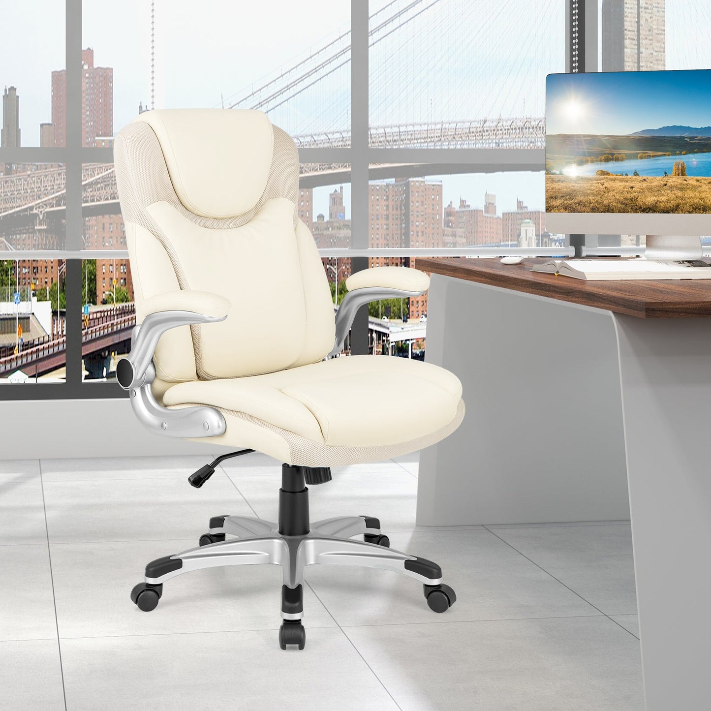 Silla ejecutiva de oficina ergonómica de cuero PU con reposabrazos plegables y función de balanceo - Blanca