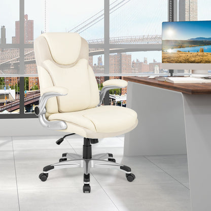 Silla ejecutiva de oficina ergonómica de cuero PU con reposabrazos plegables y función de balanceo - Blanca