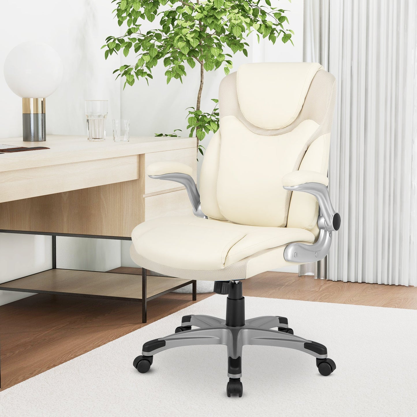 Silla ejecutiva de oficina ergonómica de cuero PU con reposabrazos plegables y función de balanceo - Blanca