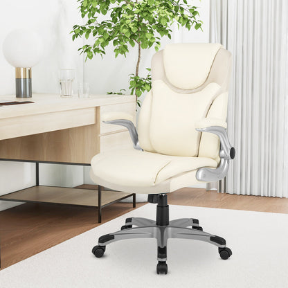 Silla ejecutiva de oficina ergonómica de cuero PU con reposabrazos plegables y función de balanceo - Blanca