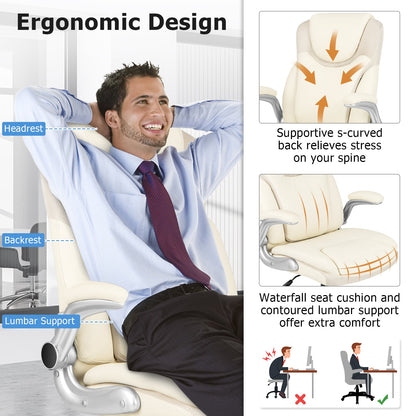 Silla ejecutiva de oficina ergonómica de cuero PU con reposabrazos plegables y función de balanceo - Blanca