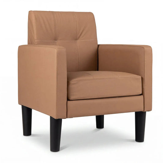 Modern Accent Chair with removable cushion in brown PU leather, black tapered legs, DirectDeals on Tampa Home & Garden Store