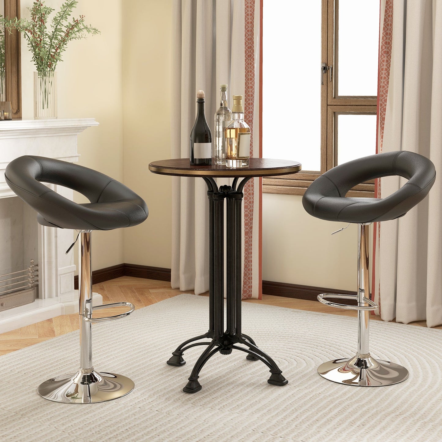 Juego de 2 taburetes de bar ajustables en altura con respaldo hueco y reposapiés - Negro