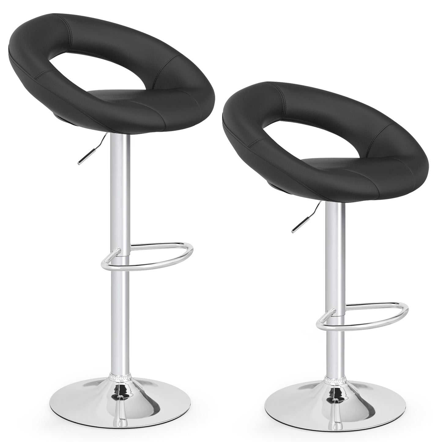 Juego de 2 taburetes de bar ajustables en altura con respaldo hueco y reposapiés - Negro
