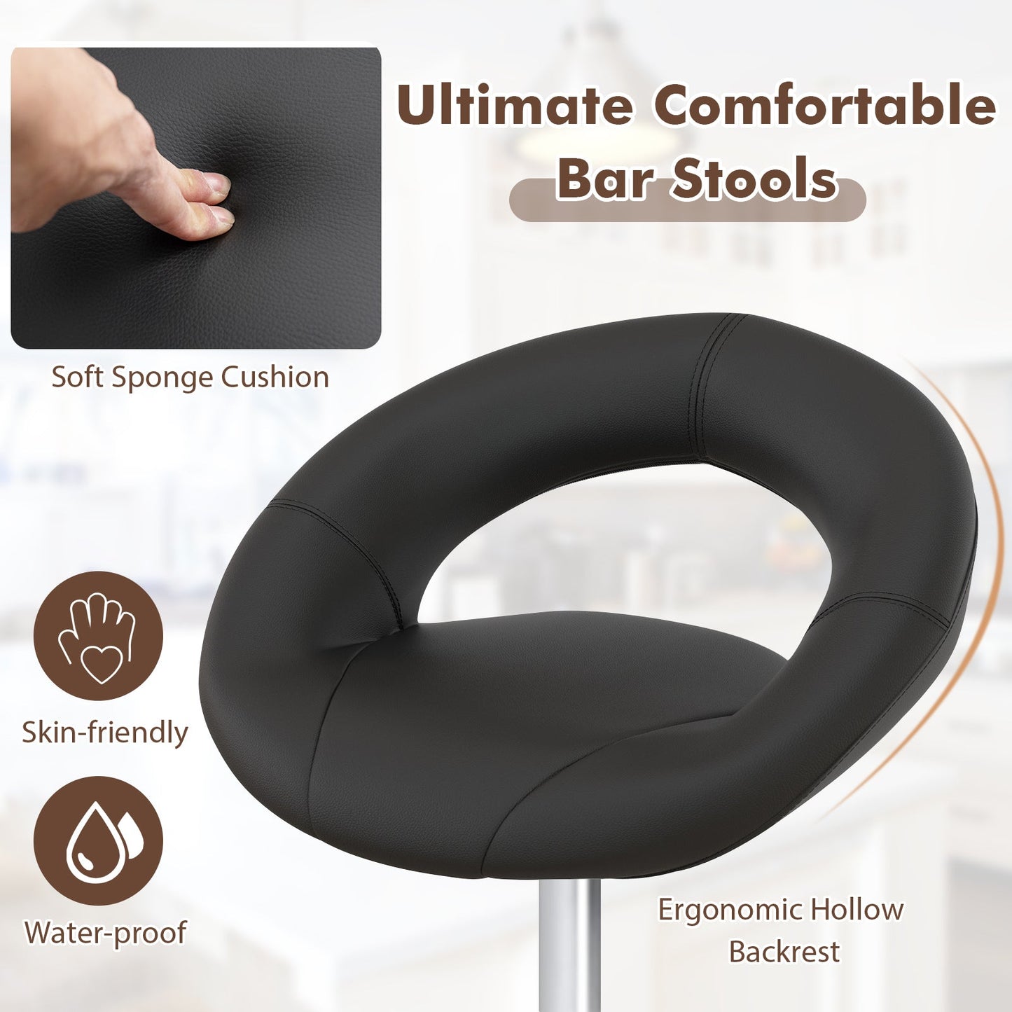 Juego de 2 taburetes de bar ajustables en altura con respaldo hueco y reposapiés - Negro
