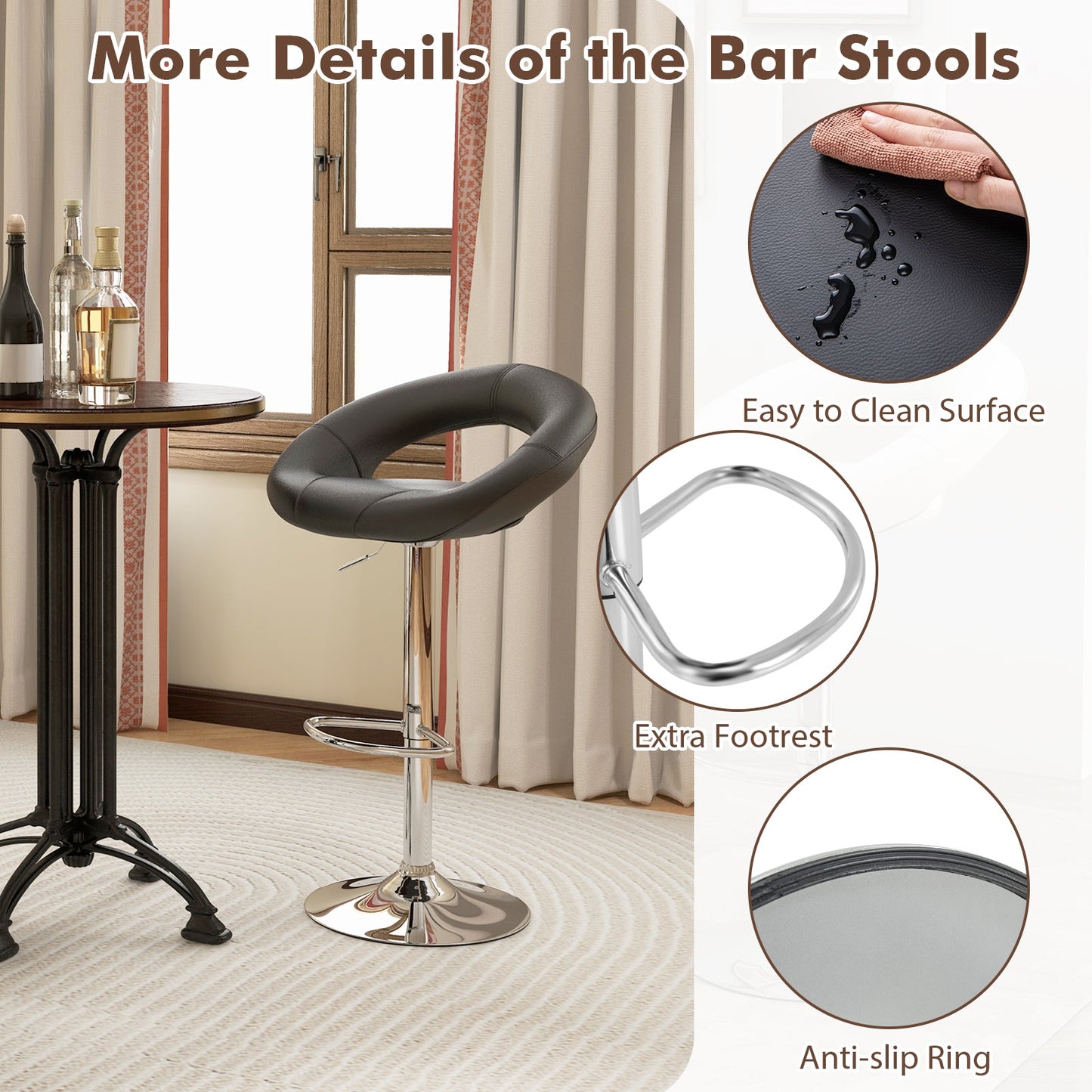 Juego de 2 taburetes de bar ajustables en altura con respaldo hueco y reposapiés - Negro