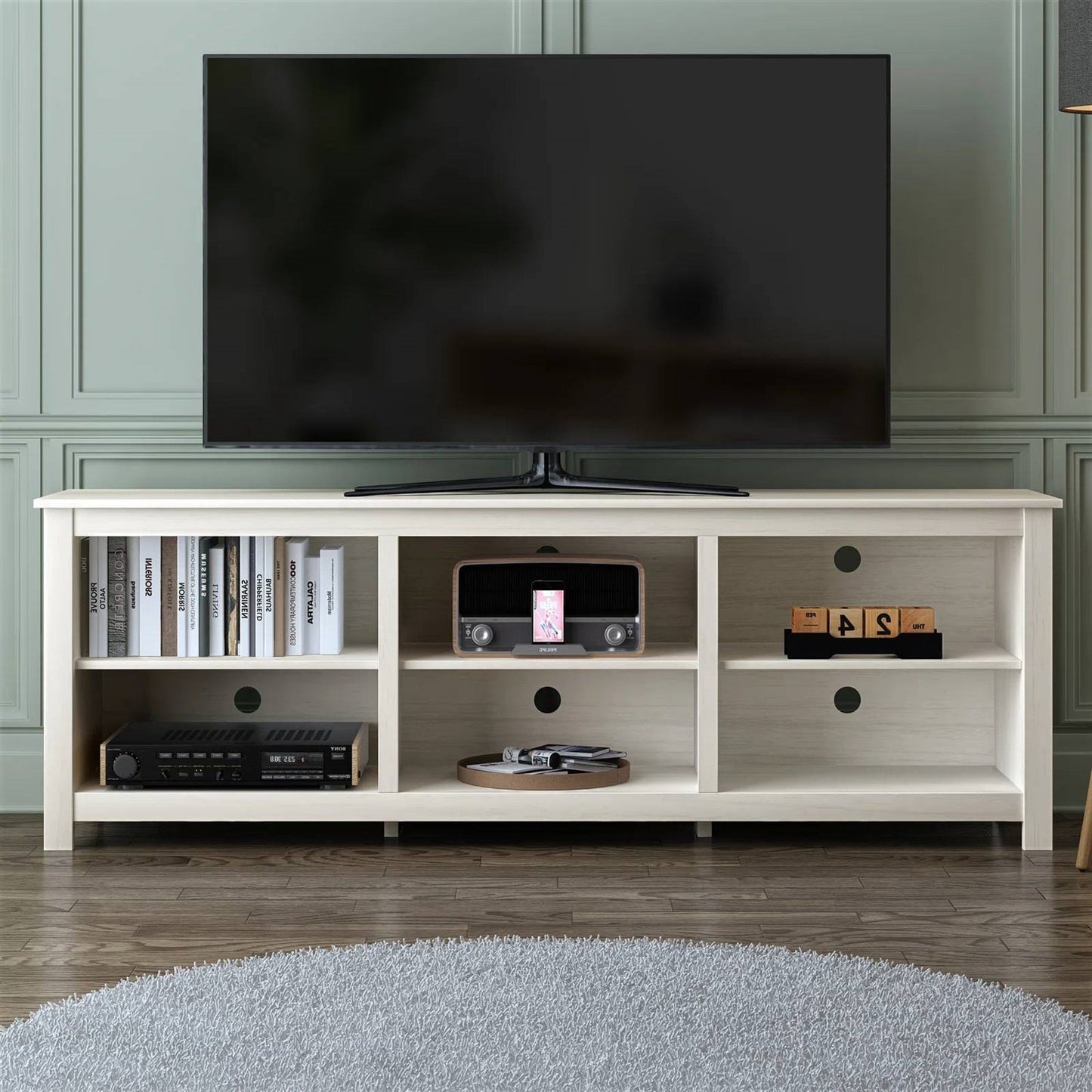 Mueble de TV estilo rústico con acabado de madera blanca - para televisores de hasta 70 pulgadas