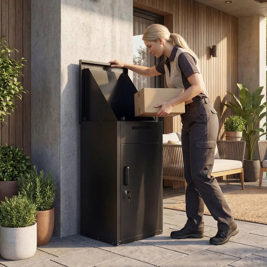 Package Delivery Box with anti-theft board and lockable door by DirectDeals, black metal on Tampa Home & Garden Store