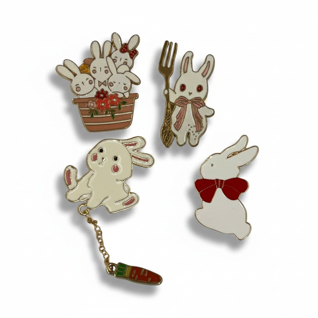 Kawaii Bunny enamel pin set of 4 by Shaketea, enamel lapel pins: basket, fork bunny, bow bunny on Tampa Home & Garden Store