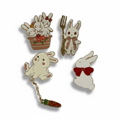 Kawaii Bunny enamel pin set of 4 by Shaketea, enamel lapel pins: basket, fork bunny, bow bunny on Tampa Home & Garden Store