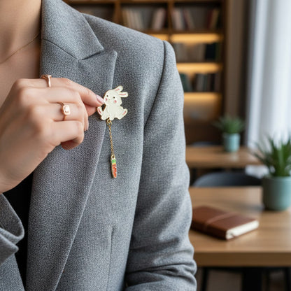 Enamel pin set: Kawaii Bunny hard enamel lapel pins on blazer with carrot charm on Tampa Home & Garden Store