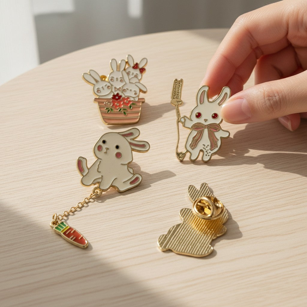 Kawaii Bunny pin set 4, hard enamel lapel pins with bunny basket, sitting bunny, bow-tie bunny on Tampa Home & Garden Store