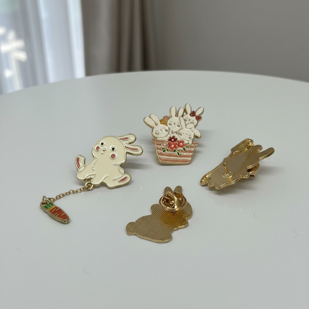 Shaketea Kawaii bunny enamel pin set of 4, hard enamel, gold-tone lapel pins with bunny basket on Tampa Home & Garden Store