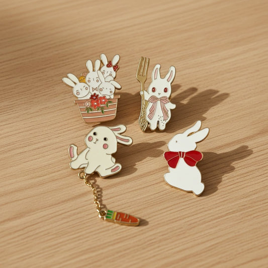 Kawaii Bunny Enamel Pin Set of 4 – Shaketea lapel pins with white bunnies and basket on wood on Tampa Home & Garden Store