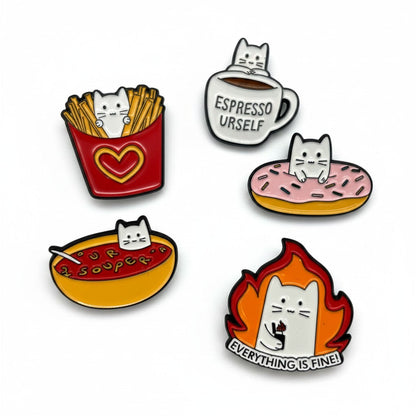 Kawaii cat enamel pins - 5 enamel lapel pins: fries, espresso, donut, soup, fire by Shaketea on Tampa Home & Garden Store