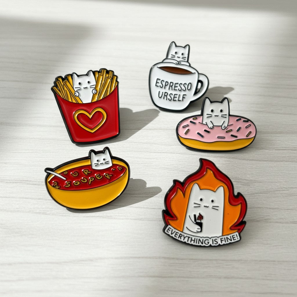Kawaii cat enamel pin set by Shaketea – 5 hard lapel pins with fries espresso donut soup flame on Tampa Home & Garden Store