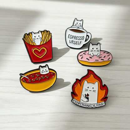 Kawaii cat enamel pin set by Shaketea – 5 hard lapel pins with fries espresso donut soup flame on Tampa Home & Garden Store