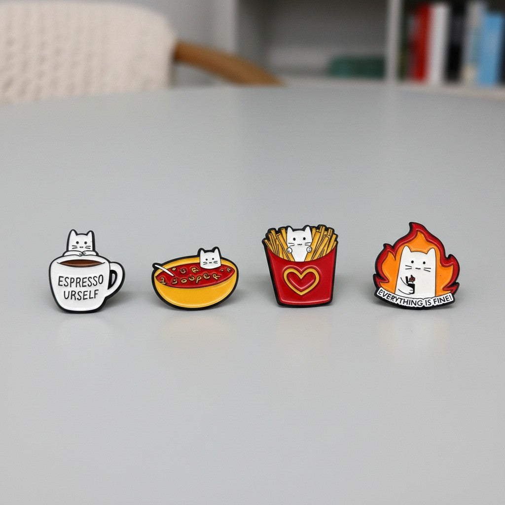 Kawaii cat enamel pin set 4 pins: espresso mug, noodle bowl, fries cup, flaming cat on Tampa Home & Garden Store