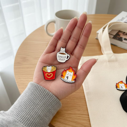 Kawaii Cat Enamel Pins set 3 hard enamel lapel pins by Shaketea espresso mug fries fire cat on Tampa Home & Garden Store
