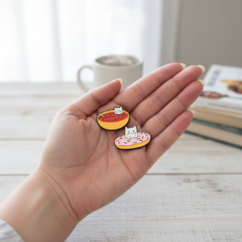 Kawaii Cat enamel pin set 2 donut pins with white cats on red and pink icing Shaketea on Tampa Home & Garden Store