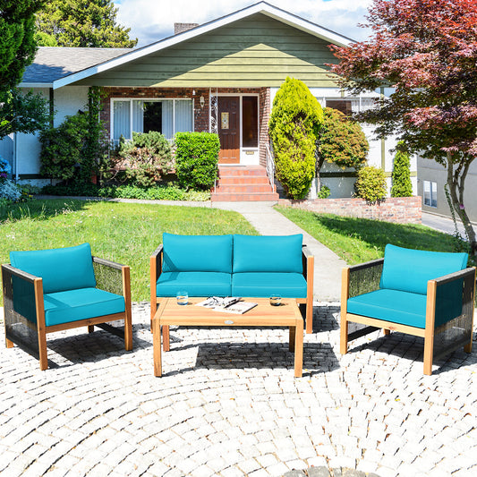 4 Pieces Wood Outdoor Patio Furniture Set with Cushions for Garden-Turquoise - Tampa Home & Garden Store