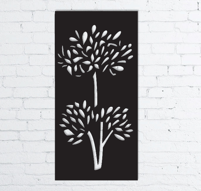 Outdoor privacy screen 46-inch black panel with white tree shapes by Rustica Ornamentals on Tampa Home & Garden Store