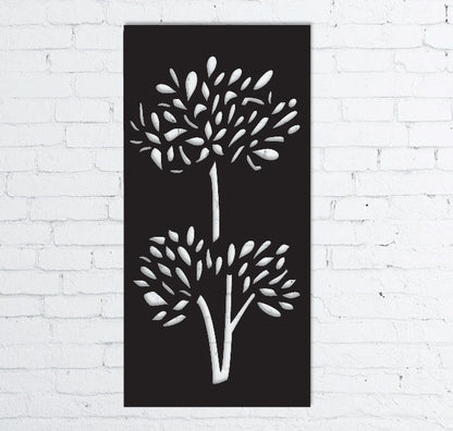 Outdoor privacy screen 46-inch black panel with white tree shapes by Rustica Ornamentals on Tampa Home & Garden Store