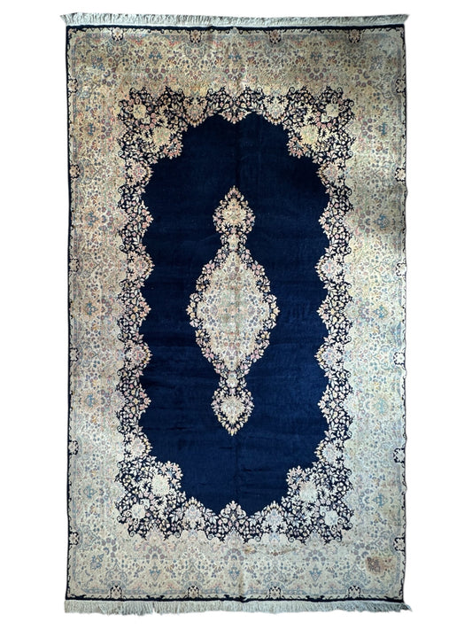 Palace-Size Vintage Royal Kirman Wool Rug – 9’9” x 17’2” – Hand-Knotted Persian Elegance with Deep Navy Field - Tampa Home & Garden Store