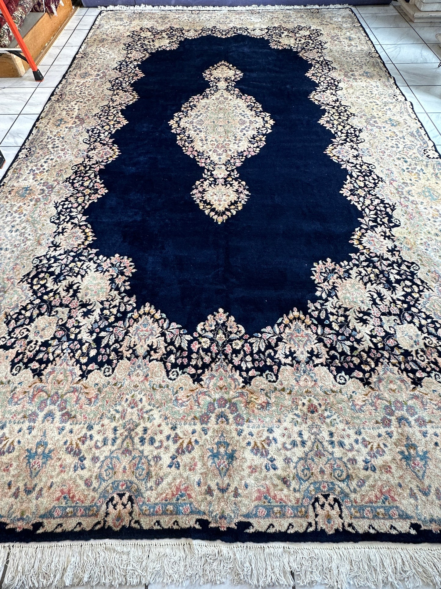Palace-Size Vintage Royal Kirman Wool Rug – 9’9” x 17’2” – Hand-Knotted Persian Elegance with Deep Navy Field - Tampa Home & Garden Store