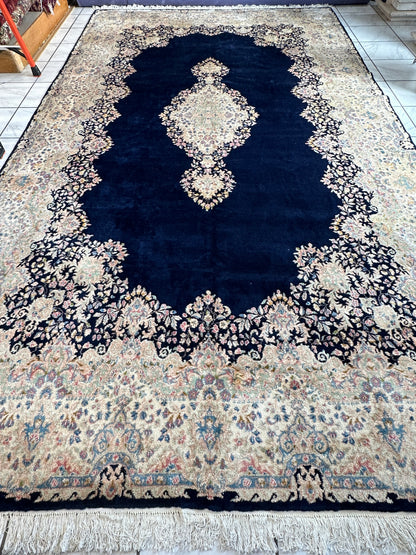 Palace-Size Vintage Royal Kirman Wool Rug – 9’9” x 17’2” – Hand-Knotted Persian Elegance with Deep Navy Field - Tampa Home & Garden Store