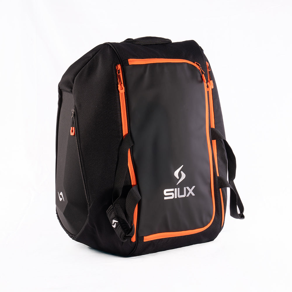 Tour Black Padel Bag by Siux USA with orange zipper accents and front logo on Tampa Home & Garden Store