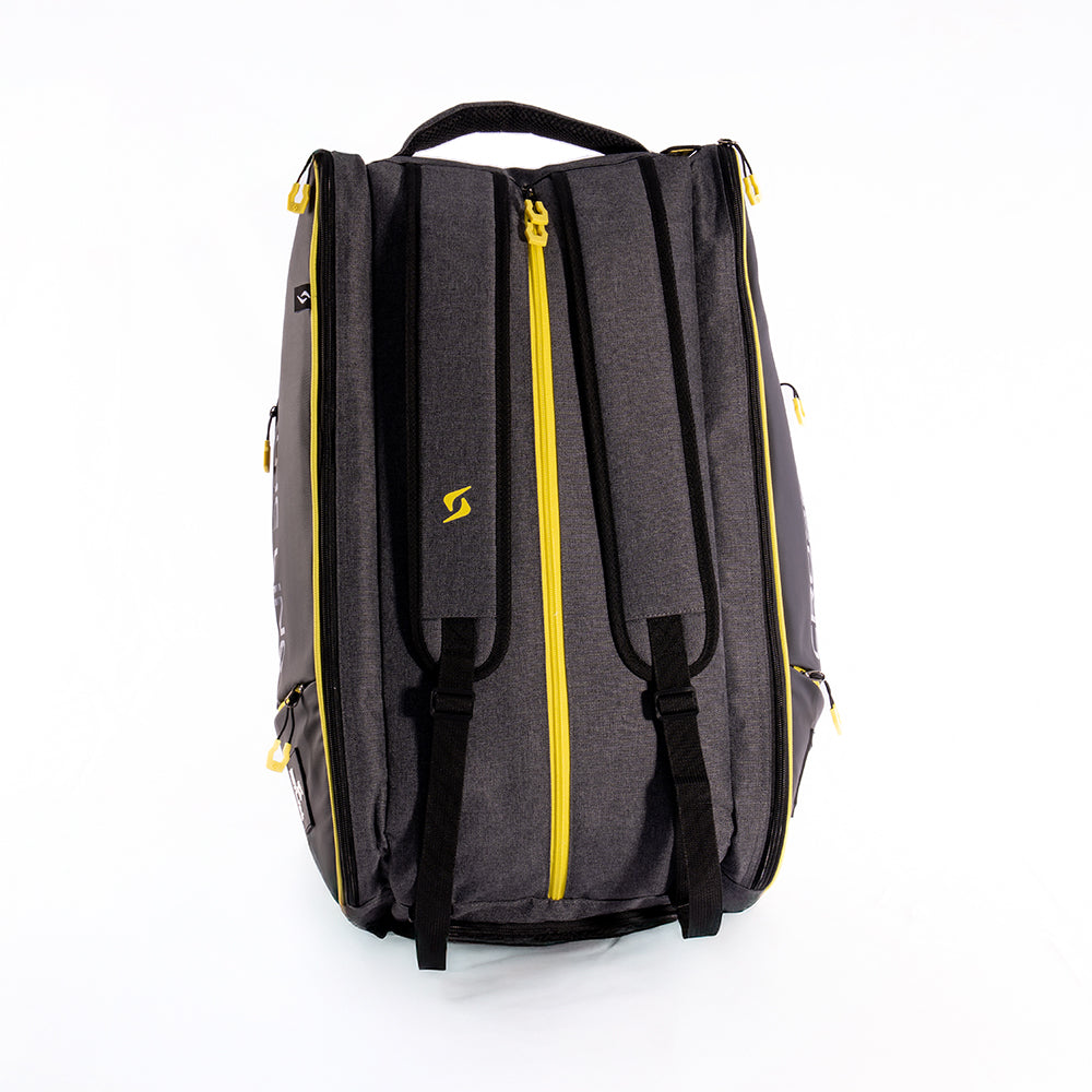 Trail Black Padel Bag by Siux USA; grey bag with yellow zippers and dual straps on Tampa Home & Garden Store