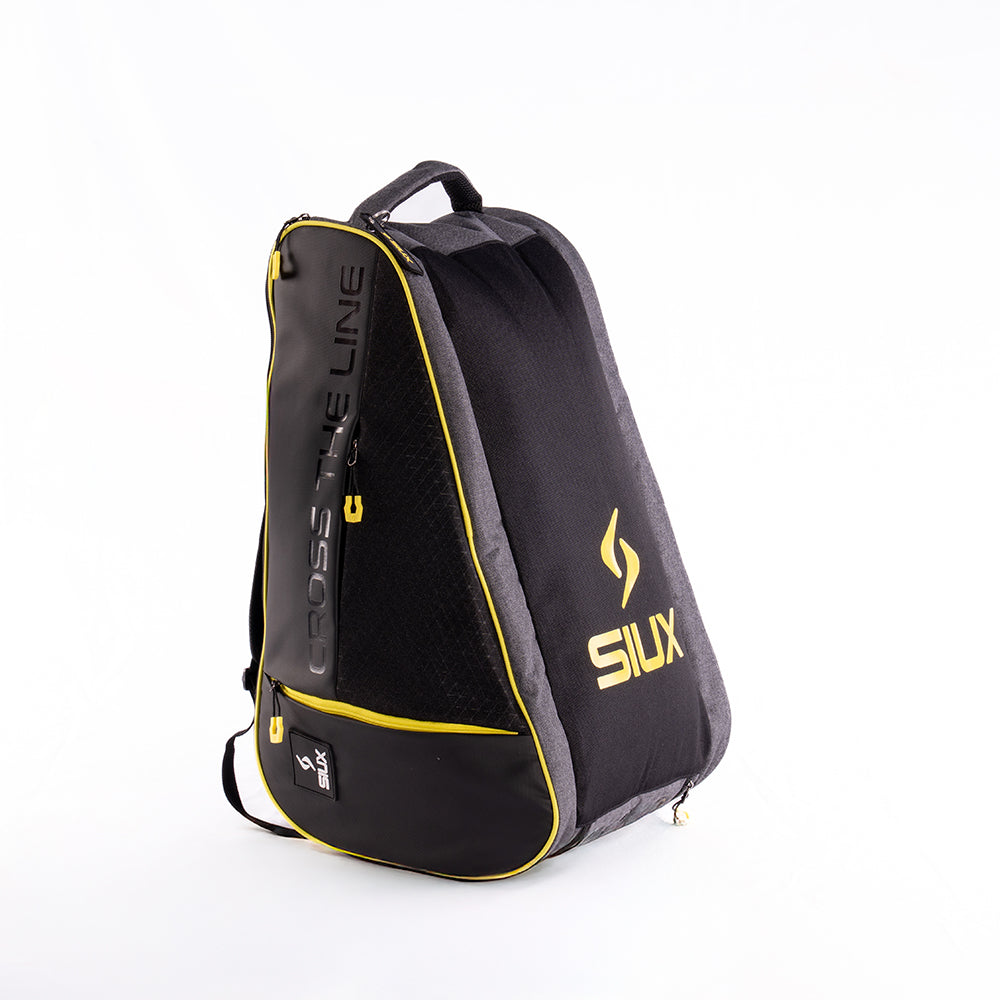Trail Black Padel Bag by Siux USA, black backpack with yellow piping and Siux logo on Tampa Home & Garden Store