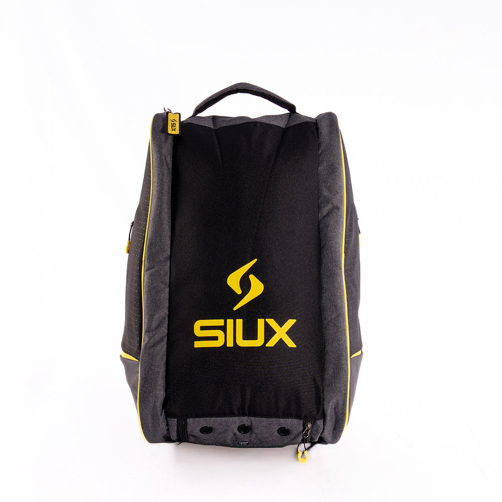 Trail Black Padel Bag by Siux USA, black bag with grey sides and yellow zippers on Tampa Home & Garden Store