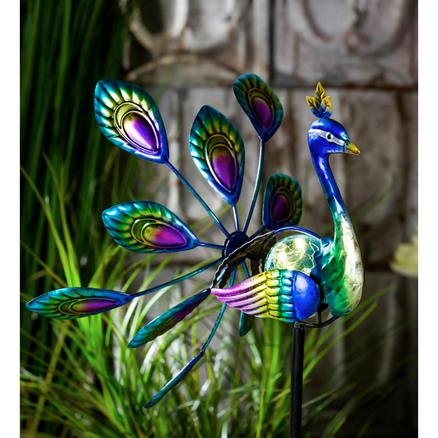 Palm Beach Wind Spinner, Solar Staked Peacock Staked Wind Spinner, 37"H - Tampa Home & Garden Store