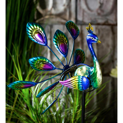 Palm Beach Wind Spinner, Solar Staked Peacock Staked Wind Spinner, 37"H - Tampa Home & Garden Store