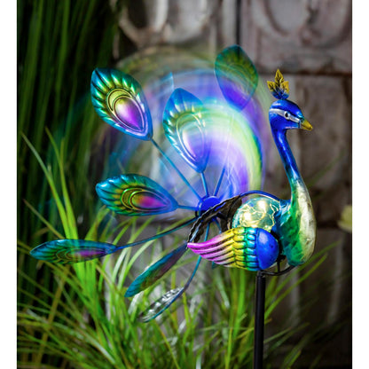 Palm Beach Wind Spinner, Solar Staked Peacock Staked Wind Spinner, 37"H - Tampa Home & Garden Store
