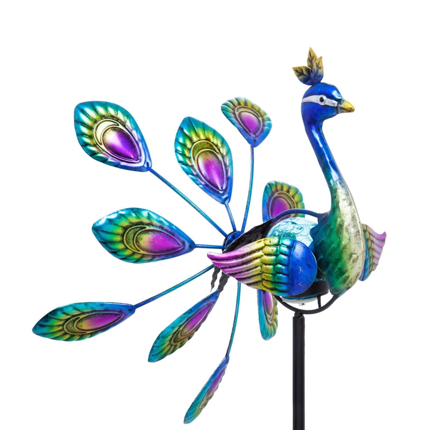 Palm Beach Wind Spinner, Solar Staked Peacock Staked Wind Spinner, 37"H - Tampa Home & Garden Store