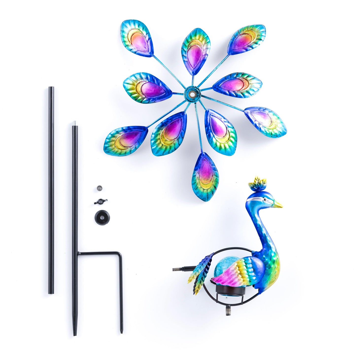 Palm Beach Wind Spinner, Solar Staked Peacock Staked Wind Spinner, 37"H - Tampa Home & Garden Store